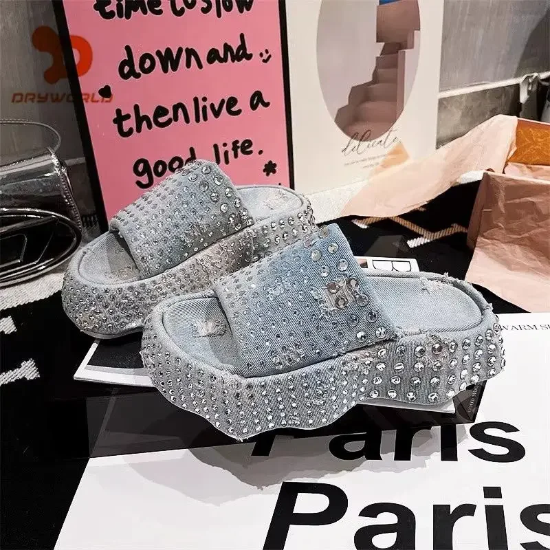 2024 Women Ripped Denim Rhinestone Platform Muffin Open Toe Sandals Special-Interest Design Wave Bottom Slippers