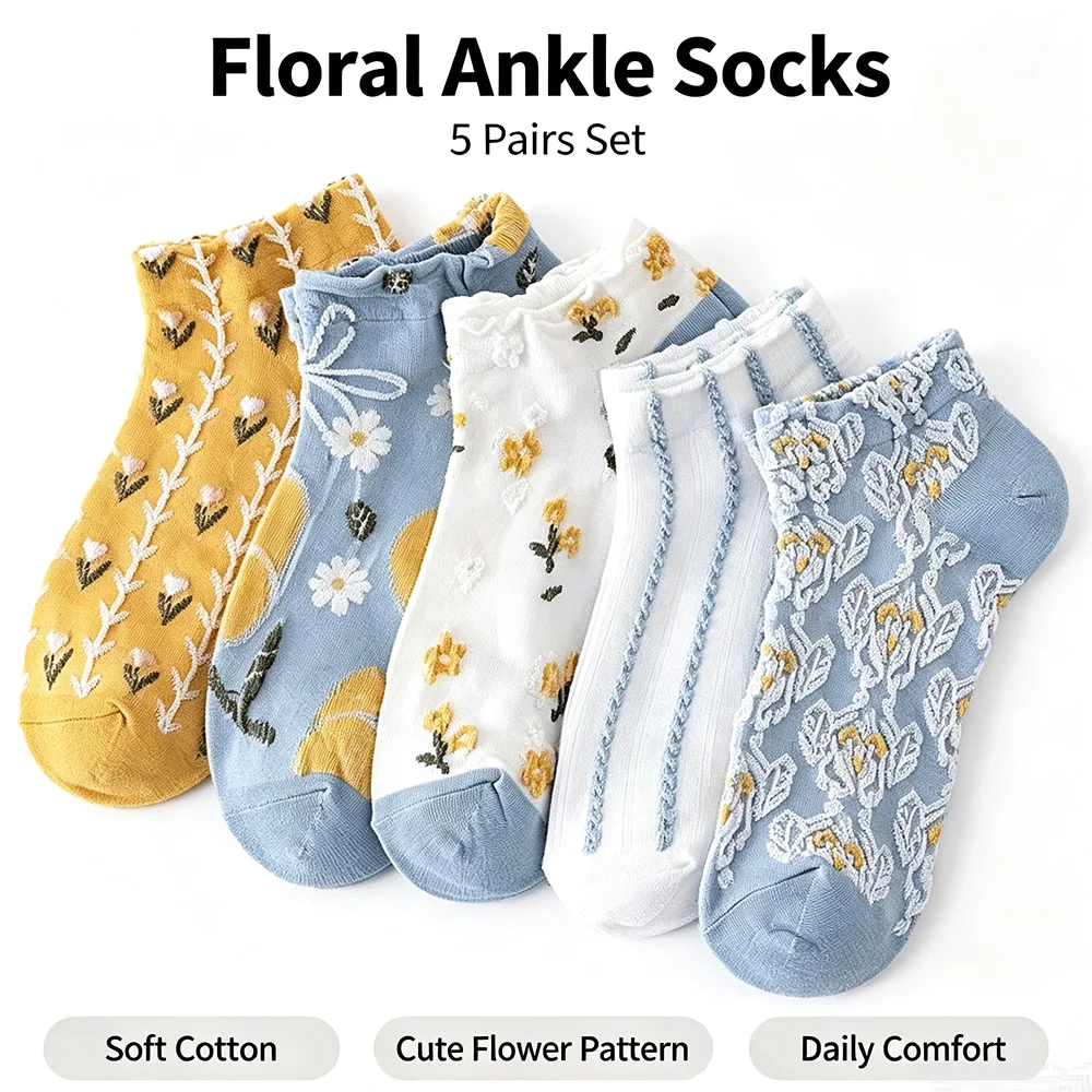 5 Pairs Women Cute Floral Pattern Ankle Socks Vintage Ruffled Cuff Print Flower Short  Sweet Casual Breathable Low Cut Socks
