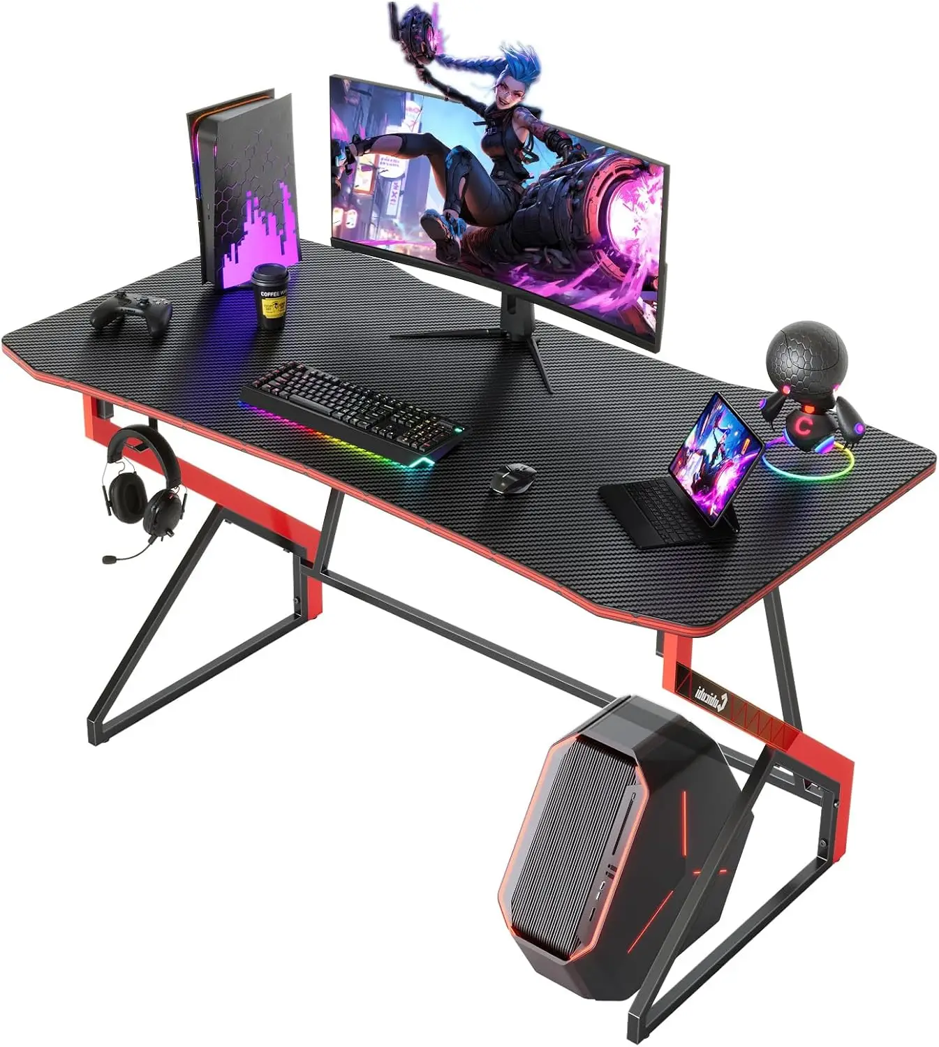 Simple Gaming Desk Z Shaped 47 Inch Gamer Workstation, Home Computer Carbon Fiber Surface Gaming Desk Pc Table With Headpe Hook