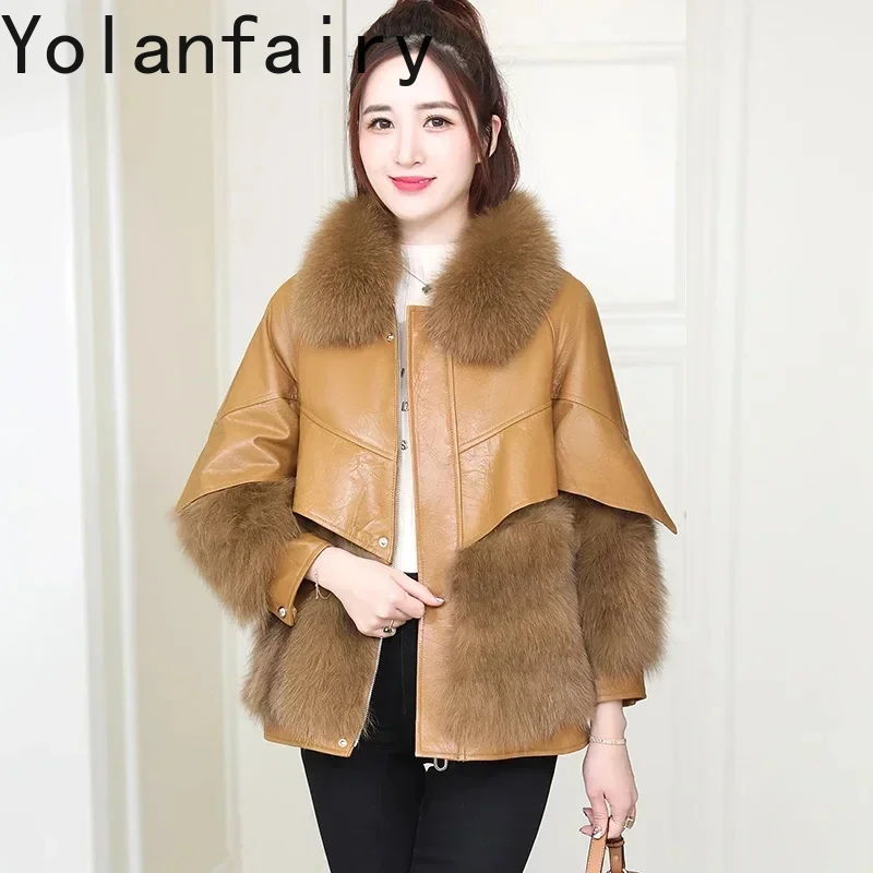 Genuine Sheepskin Leather Down Jackets for Women 2023 Winter Fashion Real Leather Jacket Spliced Fox Fur Coat Chaqueta Mujer