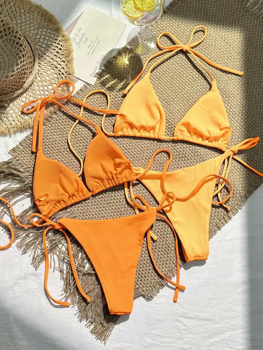 

4pcs Solid Color Halter Triangle Bikini Set For Women Summer Beach Vacation