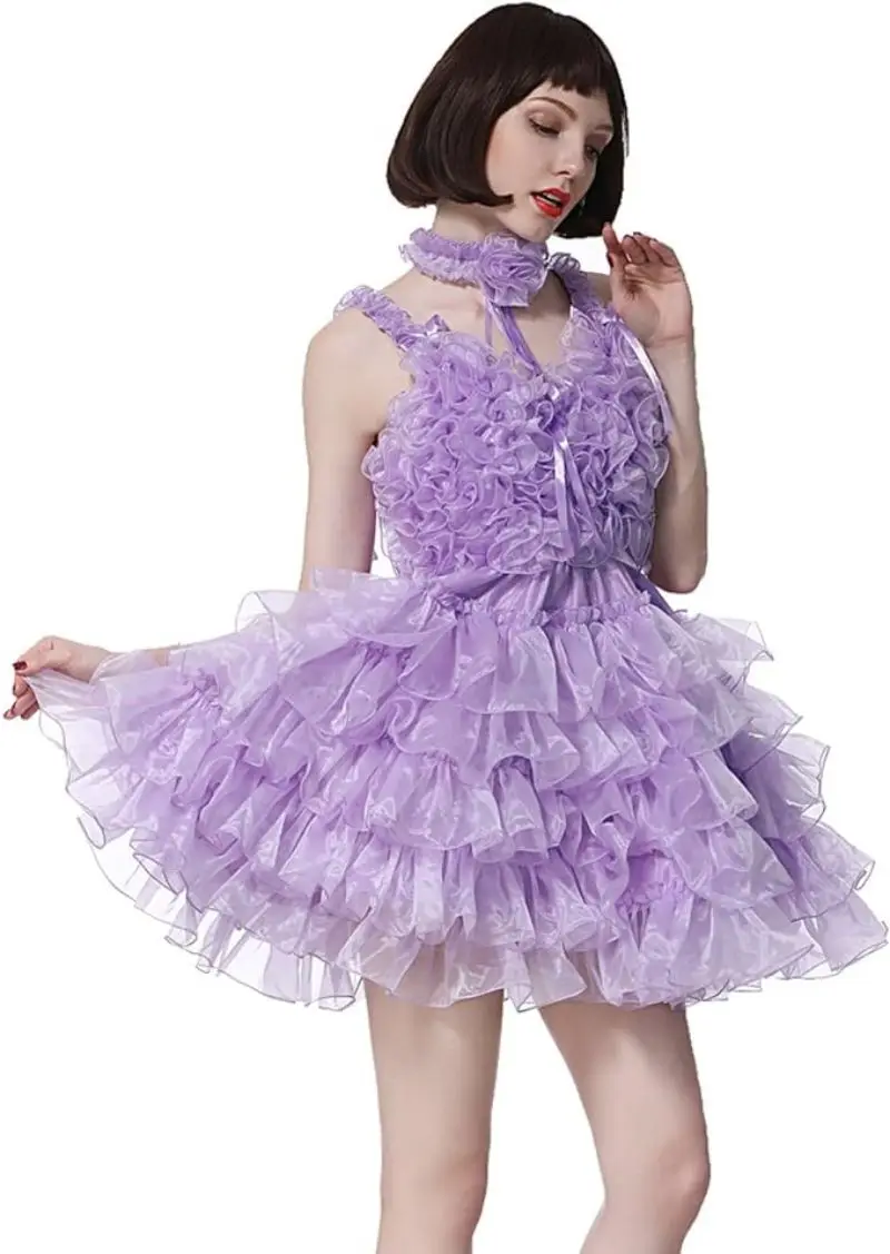 

French Sexy Adult Custom Fetishist Cross Dressing Sissy Sweet V-neck Purple Suspender Fluffy Organza Skirt Hem Dress