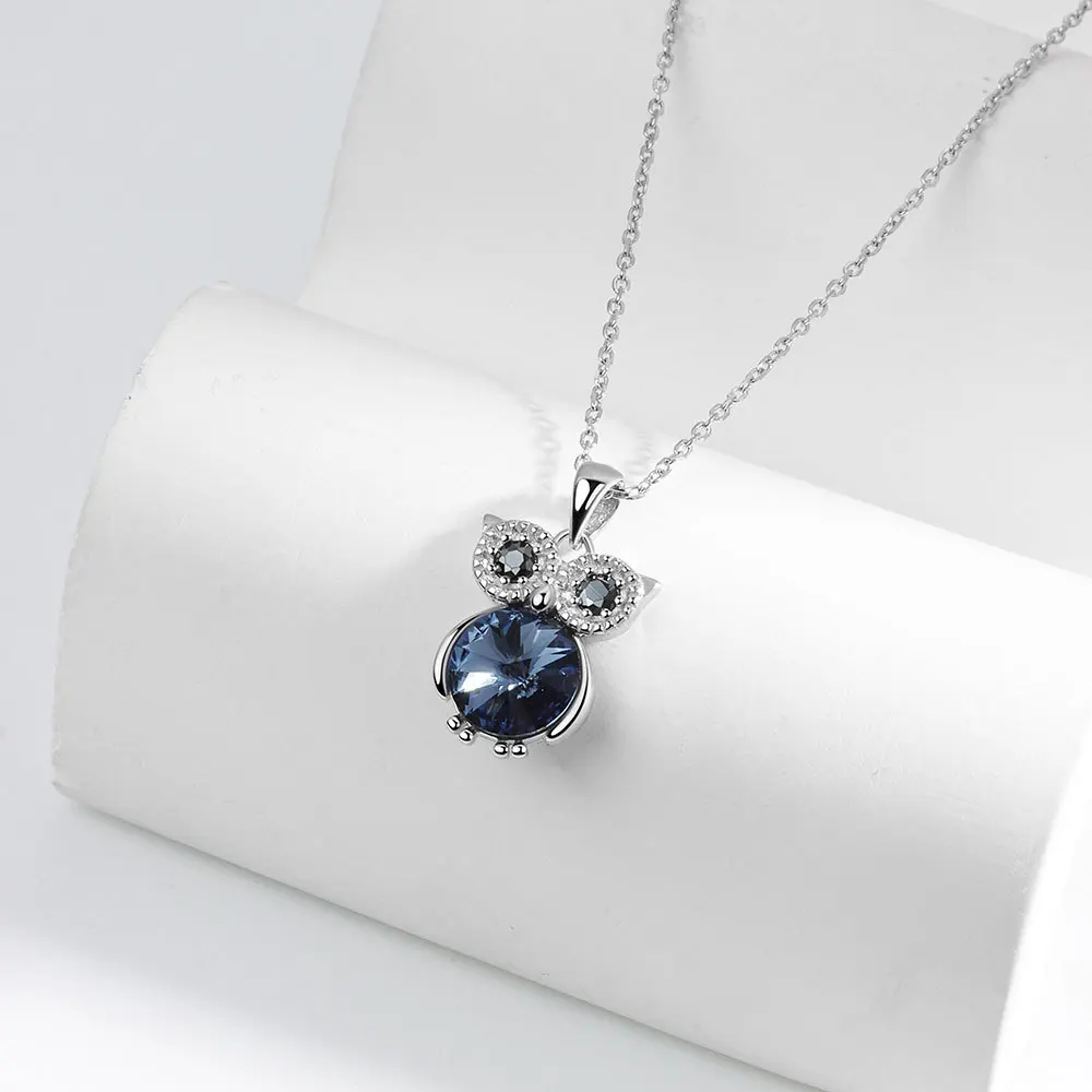 Silver color Blue Cute Owl Stone Choker Necklace For Women Wide Fine Jewelry Wedding Party Birthday Gift