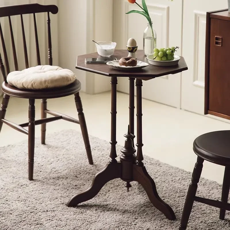 Ośmiokątny stolik kawowy z litego drewna w stylu retro, mały stolik kawowy do salonu, na balkon, stolik boczny, mały stolik w stylu amerykańskim.