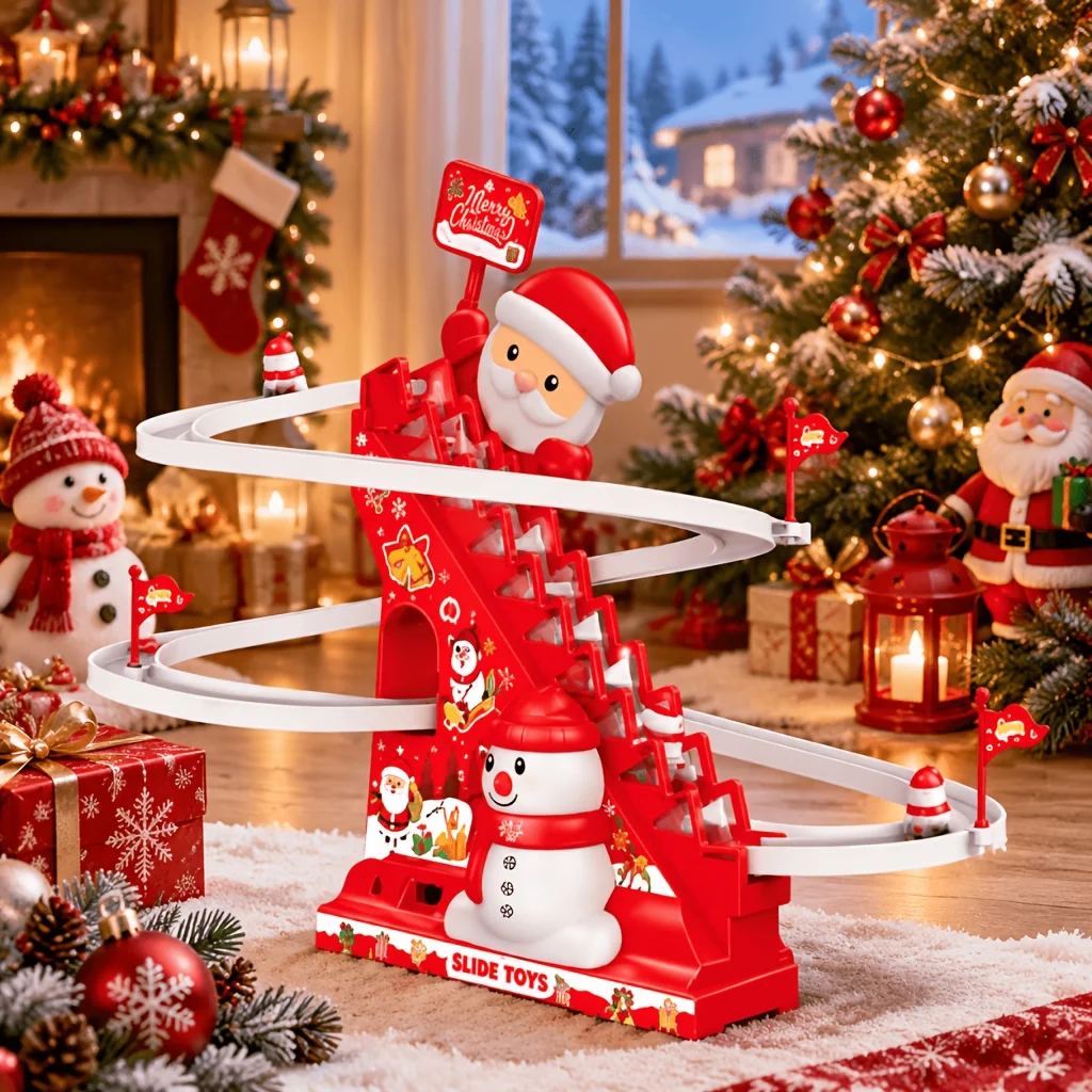 Plastic Santa Snowman Track Toy, Red White Auto Climbing Stair Sliding Toy, Christmas Birthday Gift for Children