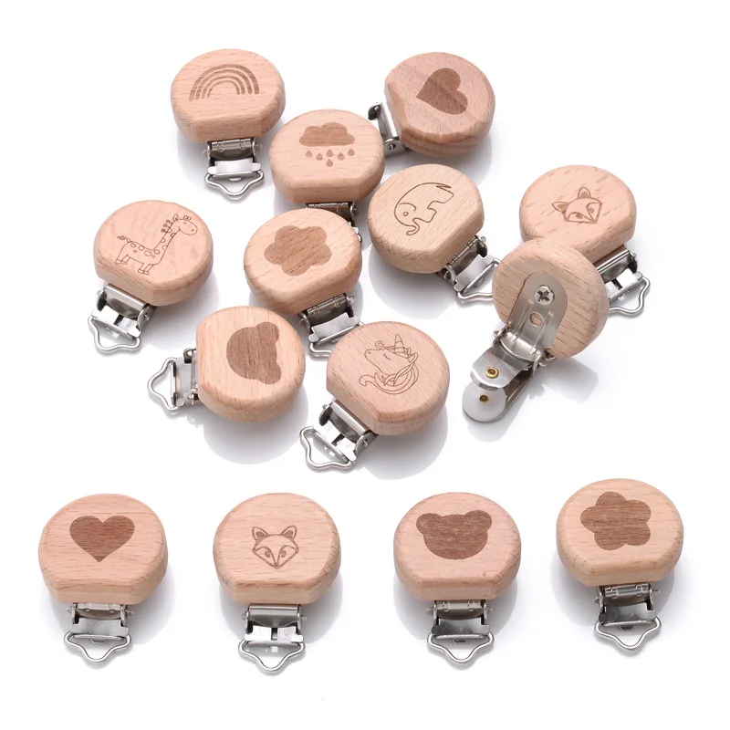 5Pcs/Lot Baby Beech Wood Pacifier Clips For Baby Chew Feeding Accessory Wooden Dummy Clip DIY Nipple Chain Holder Teething Chain