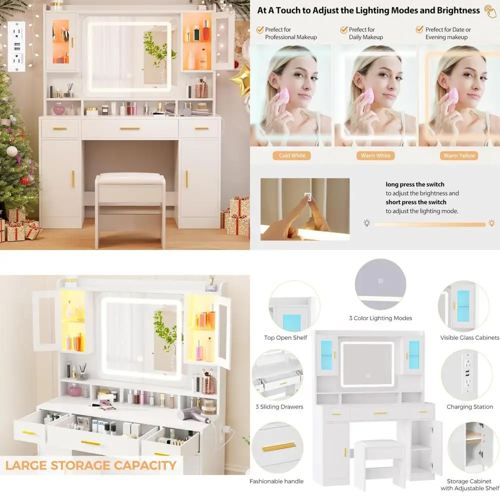 

ANWBROAD White Vanity Desk with Mirror and Lights Large Makeup Vanity Table Set with 2 RGB Storage 3 Drawers Modern Dressing Tab