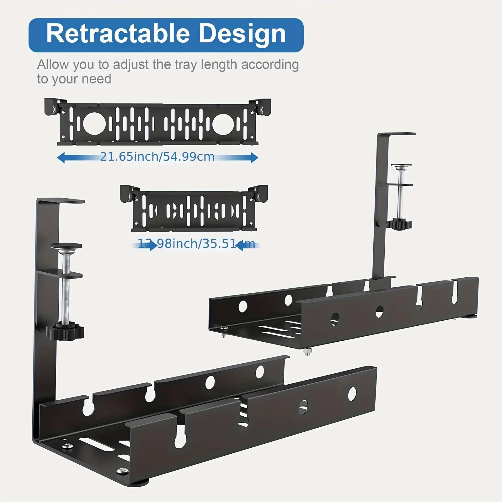 No Drilling Extendable Under Desk Cable Management Metal Cable Tray Under Desk With Clamp Retractable Power Strip Cord Holder