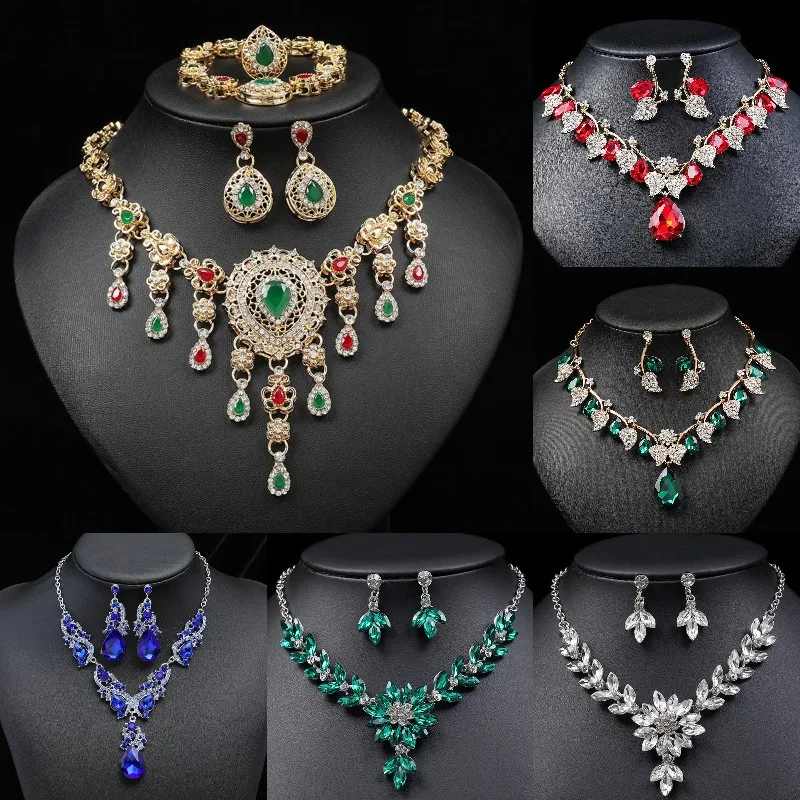 Rhinestone Bride Jewelry Sets for Women Luxury Flower Choker Necklace Earrings Wedding Dress Bridal Necklace Sets Fashion