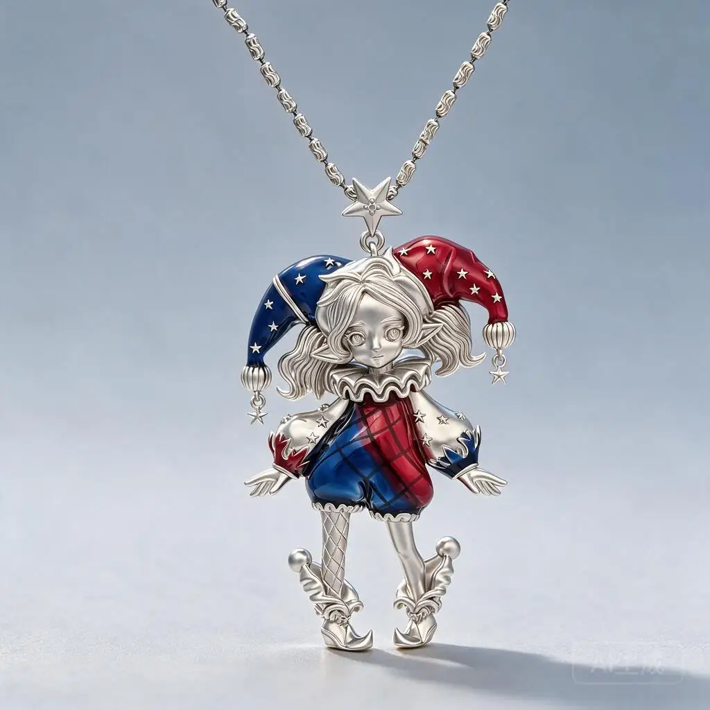 3d Two Tone Circus Clown Girl Pendant Necklace Cartoon Doll Star Charm Cool Street Style Clavicle Chain Jewelry For Women Girls