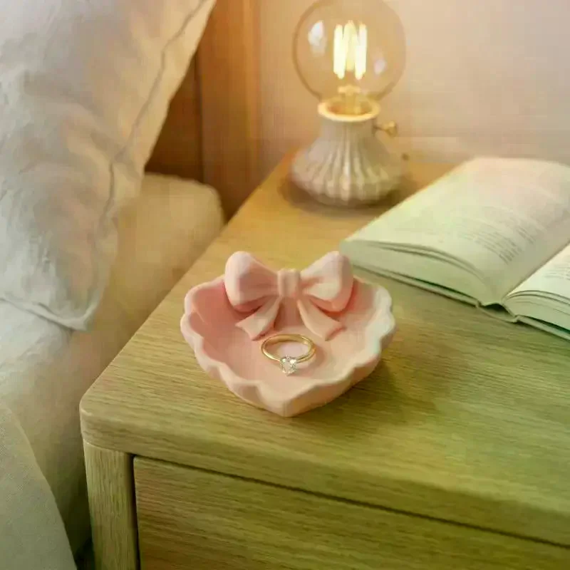 Heart-Shaped 3D Printed Jewelry Tray With Pink Bow, Elegant Decor For Table, Sink & Office Desk, Perfect For Jewelry Storage