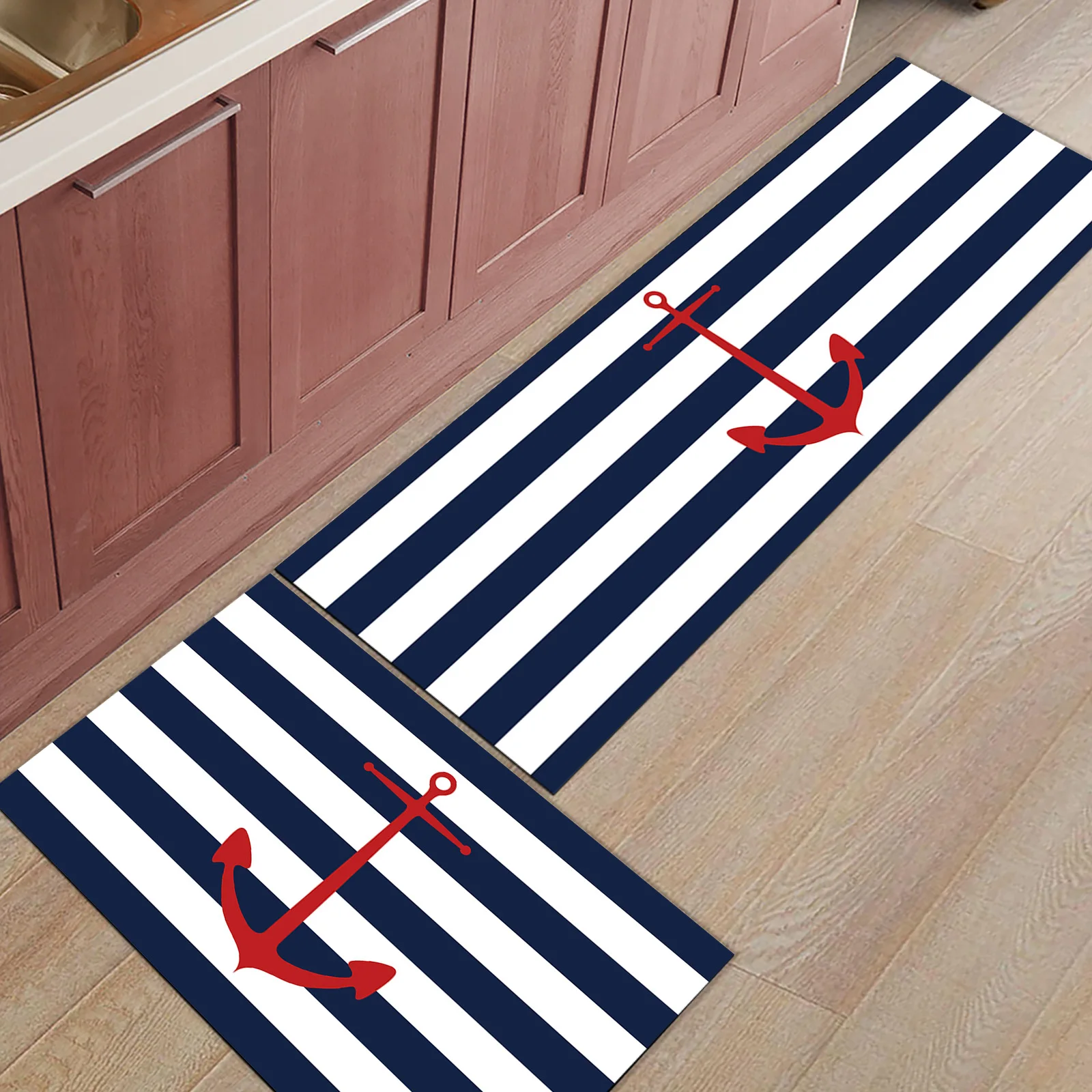 Dark Blue Stripes Anchor Carpet Kitchen Floor Mat Home Entrance Doormat Anti-slip Bathroom Area Rug Home Floor Decoration 1PC