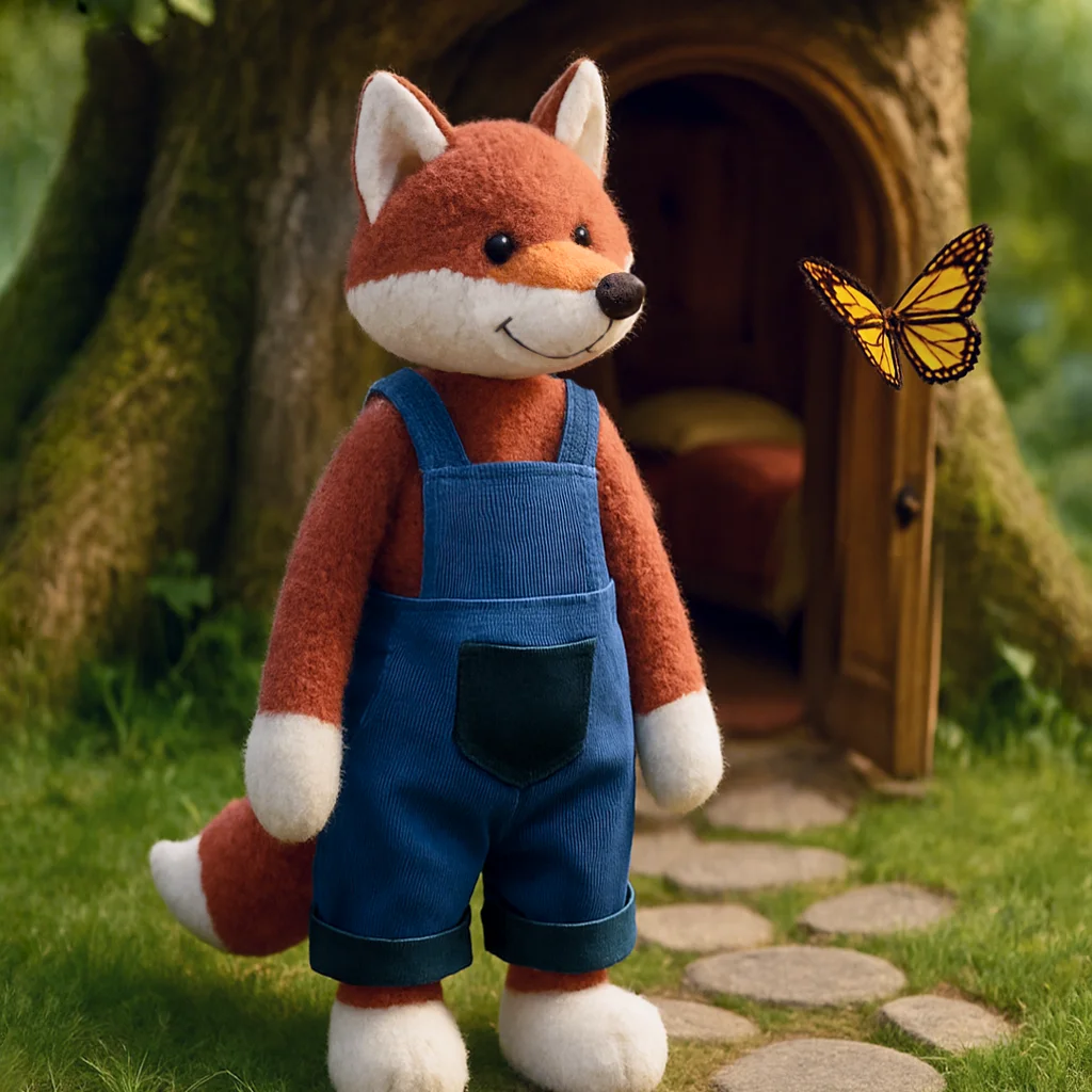デニムオーバーオールを着た赤いキツネのぬいぐるみ、柔らかいぬいぐるみ人形、漫画の子供向けギフト、家の装飾、かわいいぬいぐるみ、子供の誕生日プレゼント