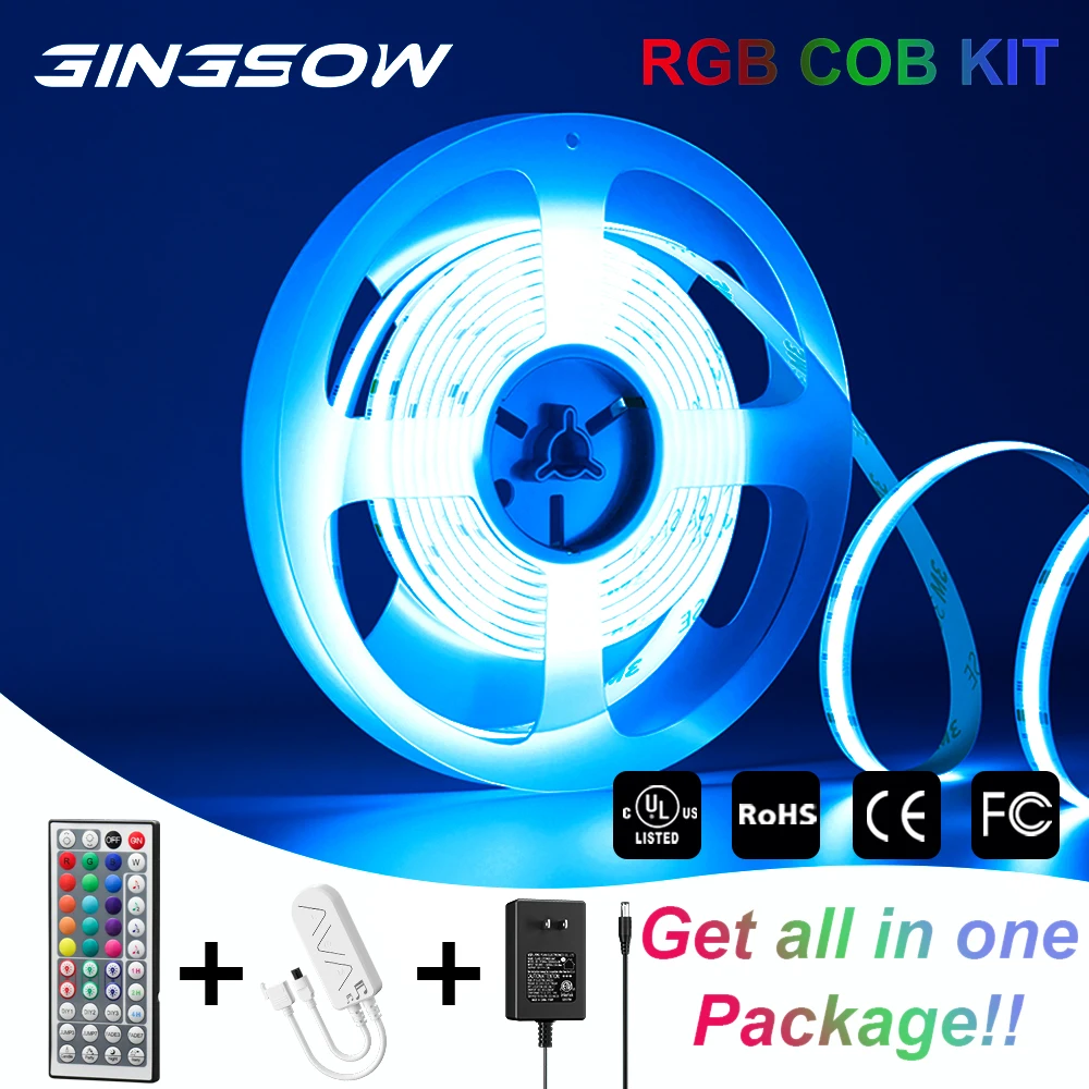 gingow rgb cob led strip kit de luz alta densidade multicolor fita flexivel dc 12v 24v potencia e controlador em conjunto 840 leds por m 01