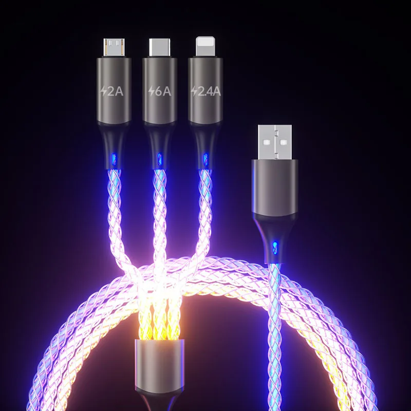 

3 in 1 RGB USB Charging Cable 66W 6A Fast Charging Type C Cable Micro USB Colorful Streamer Glowing Line Charger USB Cable