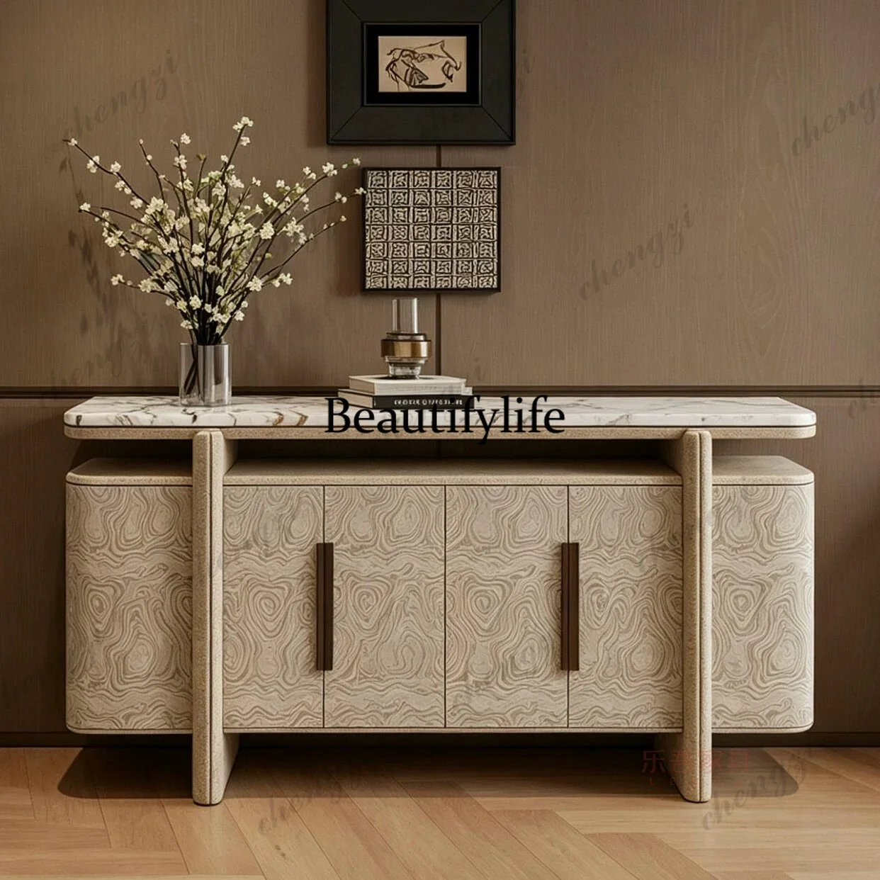 Italian medieval marble solid wood dining side cabinet light luxury living room hotel clubhouse entrance cabinet