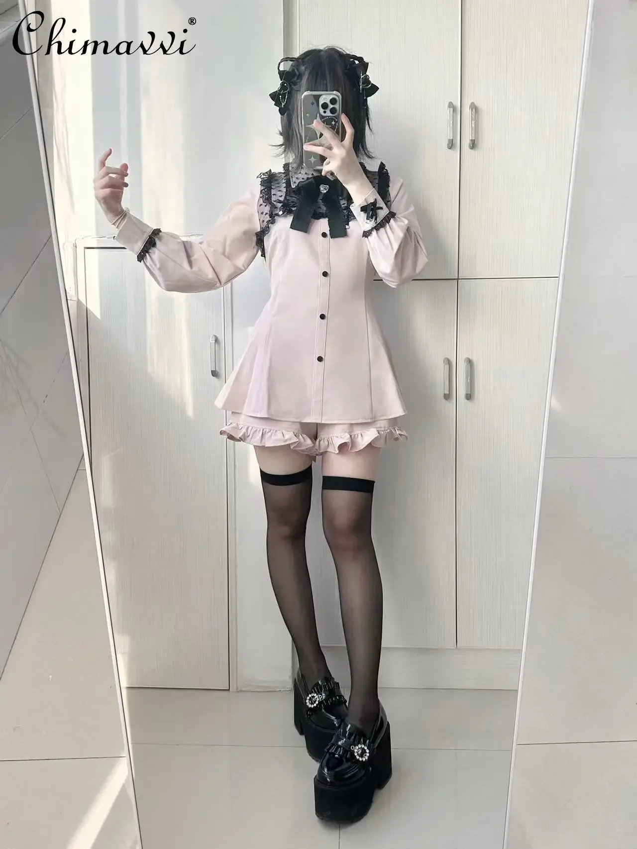 Mine Series Mass-Produced Heart-Shaped Lace Tied Long Sleeves Dress Sets Japanese Girl Long Sleeve Shirt Shorts Lolita Outfits