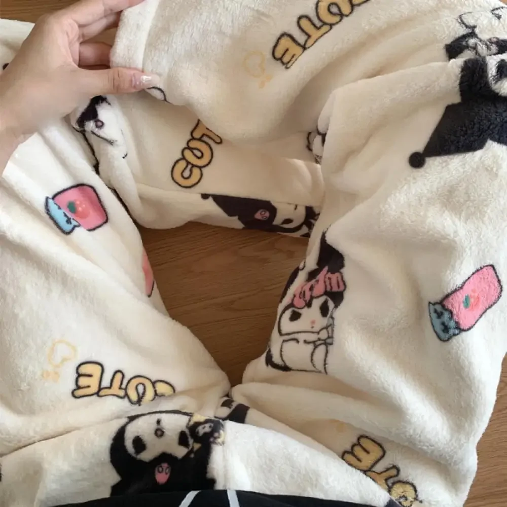 Sanrios Hello Kitty Kuromi Plush Pajama Pants Anime Kawaii Hangyodon Winter Warm Home Clothes Thicken Trousers Cute Loose Soft