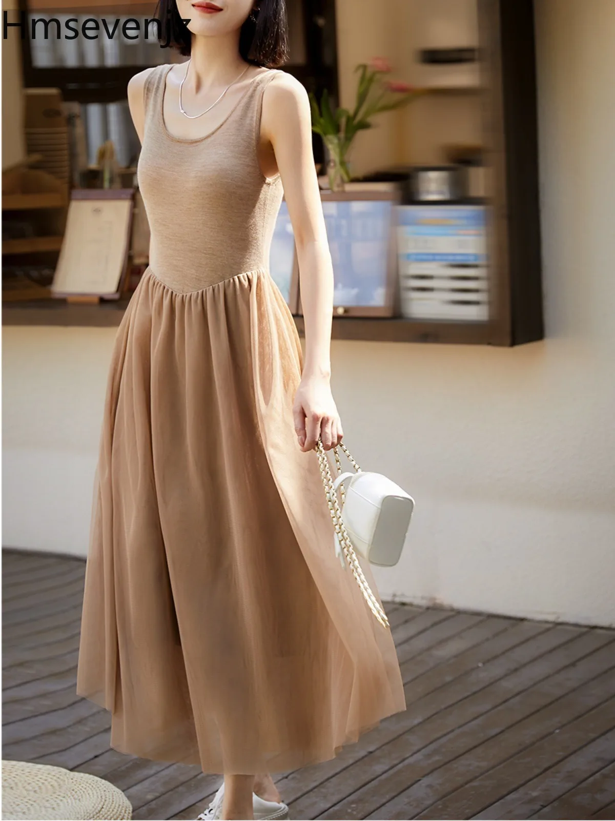 

Hmsevenjz Elegant Party Patchwork Mesh Dress for Women's Summer Sleeveless Slim Fit Knitted Long Dress Fashion Female Clothes
