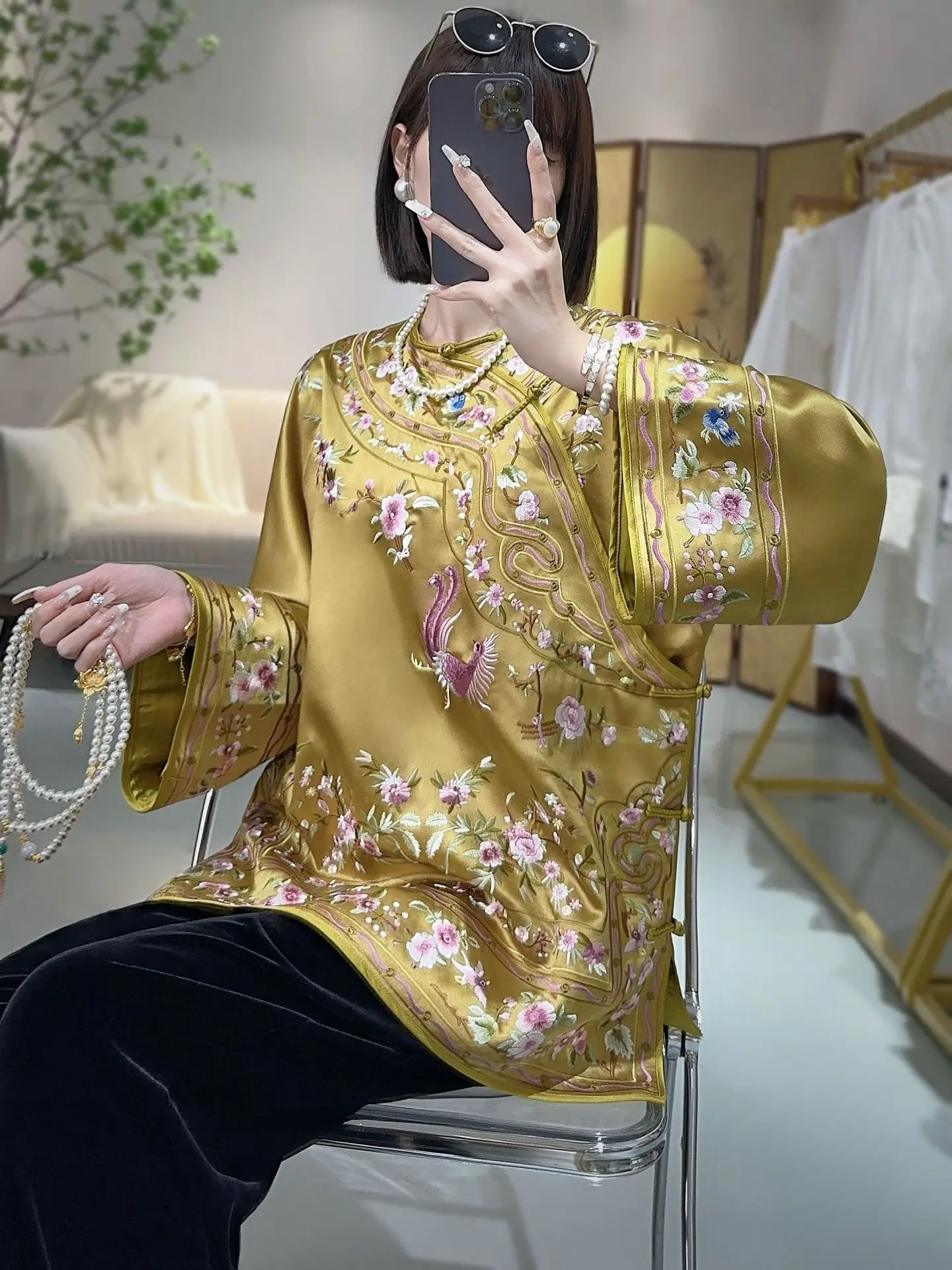 2024 New Autumn Chinese style Full Embroidery Flower Tang Costume Loose Round Neck Asymmetric Single Breasted Top Jacket S-XXL