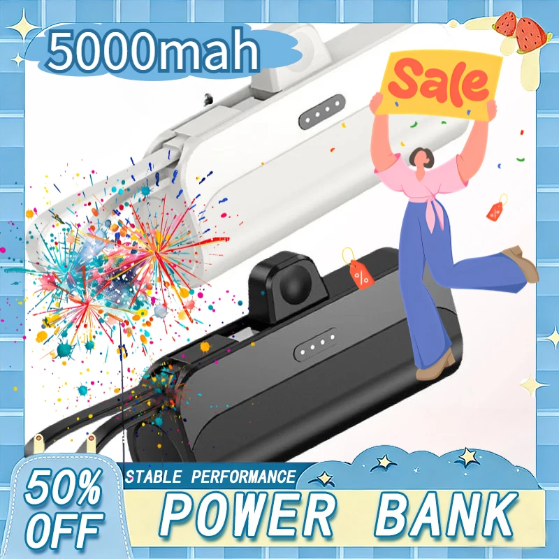 

5000mAh Mini Power Bank New Capsule Powerbank Portable Charger Fast Charging External Battery for IPhone Xiaomi Built in Cables