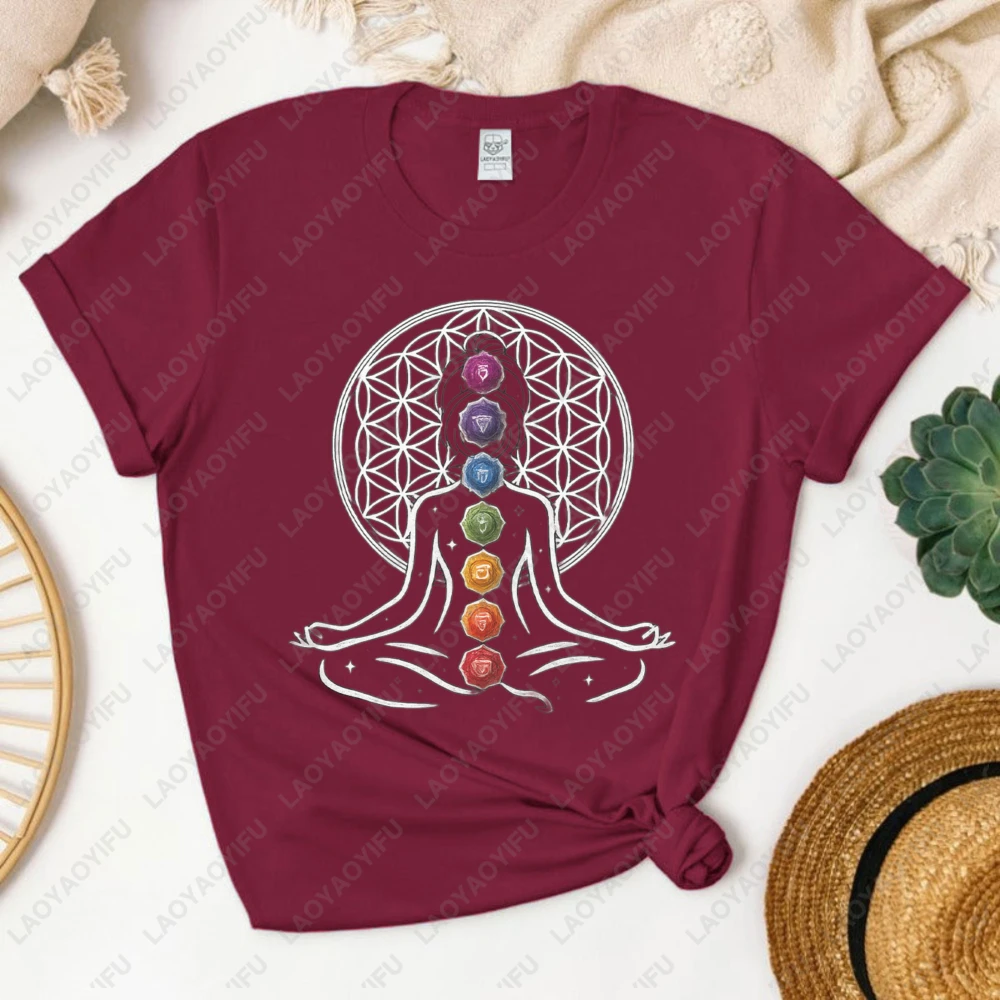 

Chakra Yoga Lotus Mandala Flower of Life Sacred Geometry Graphic Design Cotton T-Shirt Spiritual Meditation Summer Casual Wear
