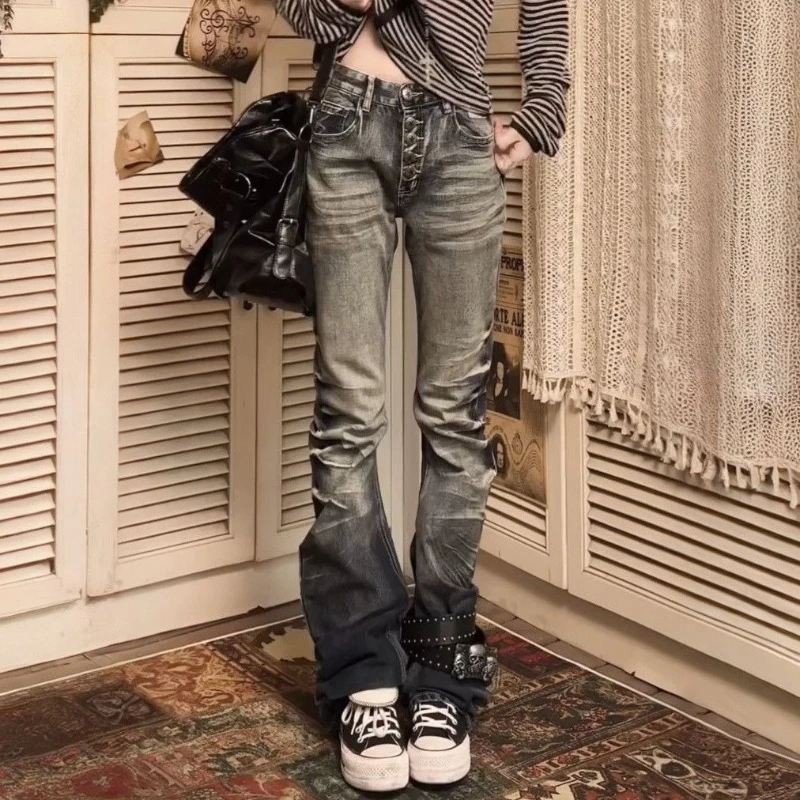 American Vintage Streetwear Curved-Blade Jeans Full Length Bodycon Women Casual Y2k Retro Hot Girl Denim Pants Cracked 2026