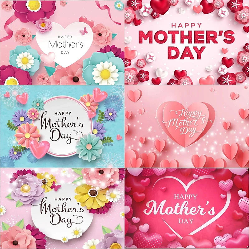 Happy Mother's Day Backdrop Pink Carnation Banner Backdrop I Love Mom Background Wood Floor Gray Abstract Background Custom