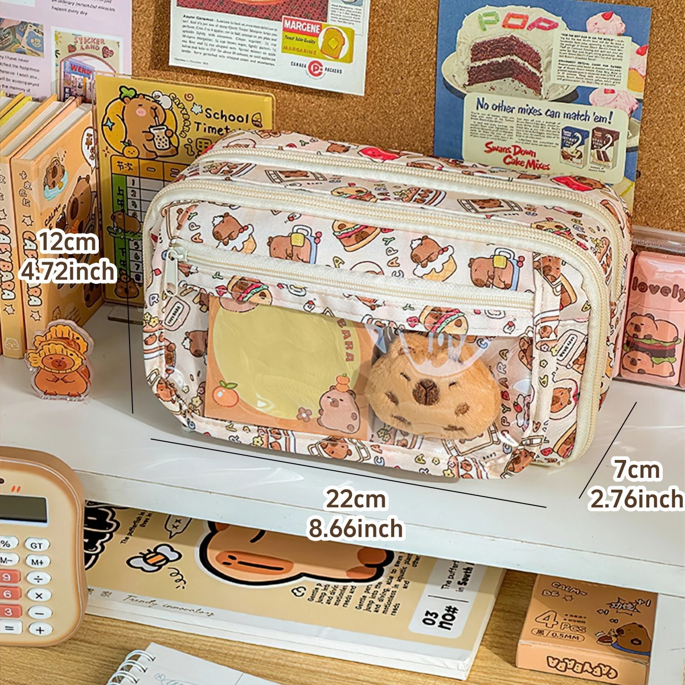 Cute Cartoon Pencil Bag Pen Case Capybara Dog Cat Flip Cover Transparent Front Multi Pocket Storage Pouch Stationery A7665