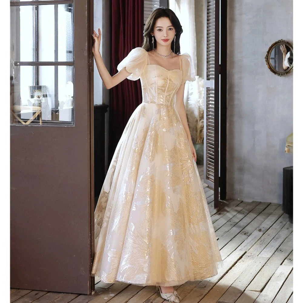 

Champagne Square Neck Cocktail Dress Women Printed Patchwork Prom Gown French Elegant Modern Puff Sleeve Evening Dresses