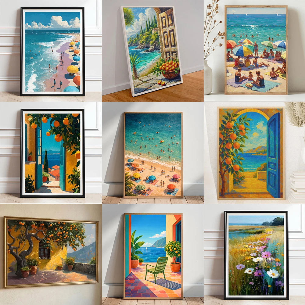 Aerial Ocean Swim Poster Summer Beach Crowd Wall Art Prints Coastal Landscape Print Seaside Beach Scene Art Canvas Painting