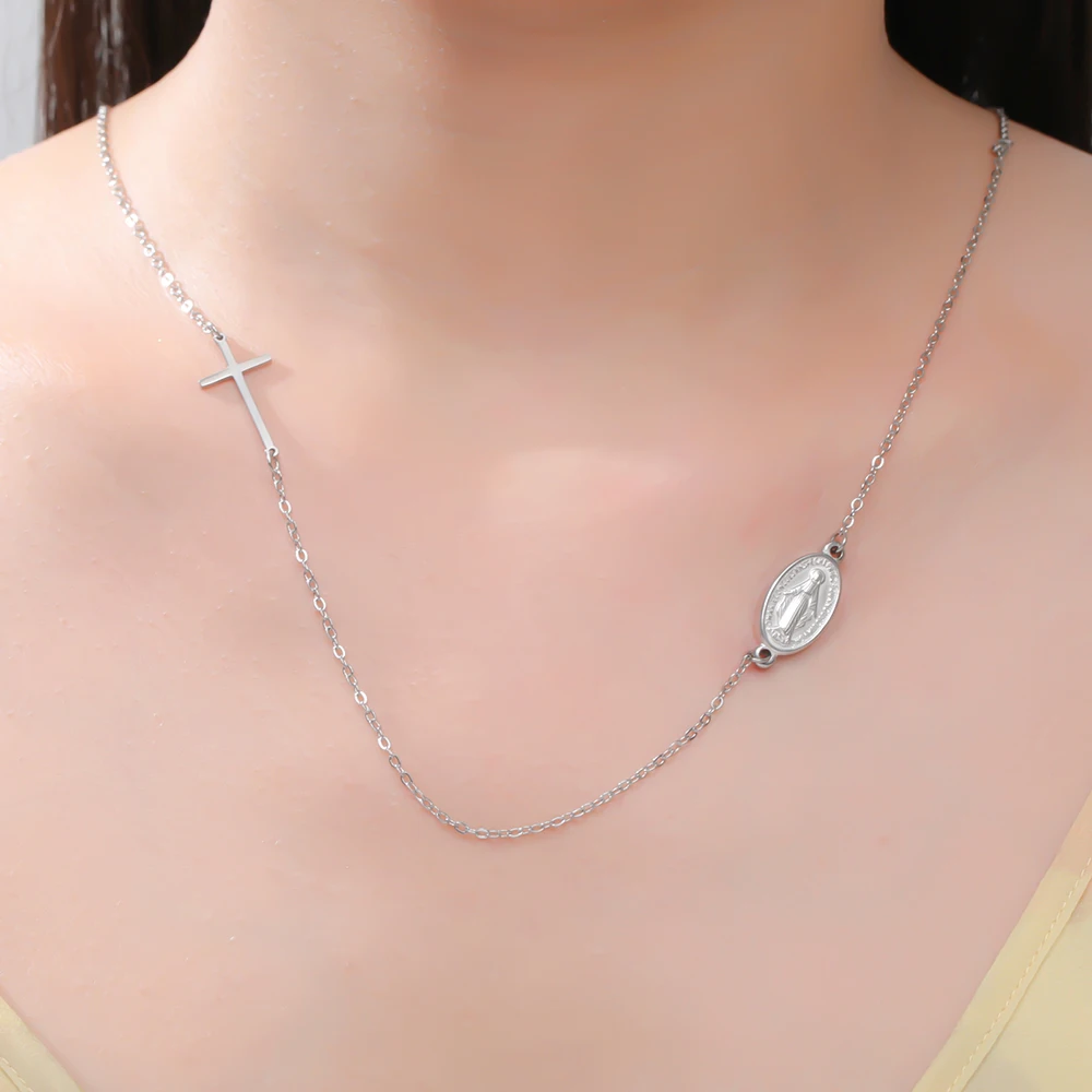 داوابارا مريم العذراء الصليب قلادة الصلاة الدينية نعمة المعمودية الكاثوليكية هدايا عيد الميلاد مجوهرات من صلب لا يصدأ