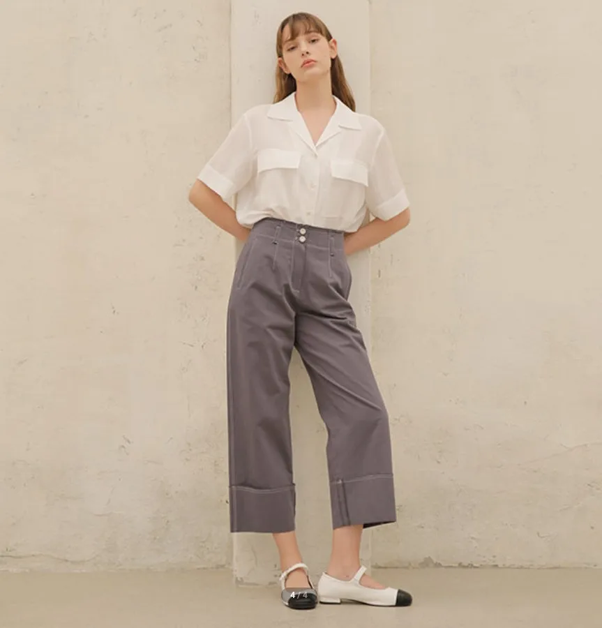 퓨어 코튼 하이 웨이스트 스트레이트 레그 와이드 레그 팬츠 다목적 턴업 캐주얼 바지 한국 스타일 통근 바람 여름 202