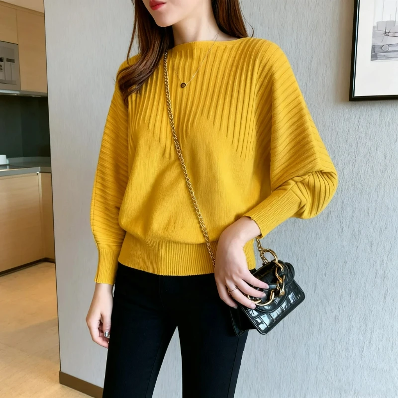 

Топ с одним воротником на осень и зиму, модный однотонный вязаный свитер с рукавами «летучая мышь» для женщин, свободный свитер с длинными рукавами