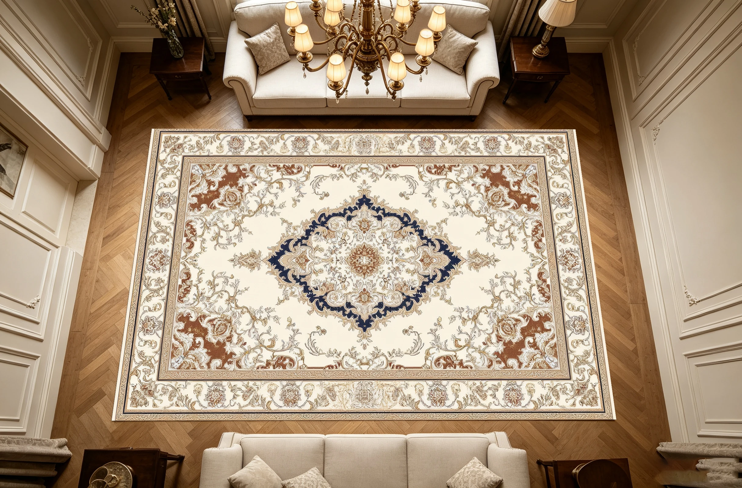 2D Large Rug in Beige and Coffee Tones, European Retro Style, Diamond Pattern, Soft and Skin-Friendly, Suitable for Living
