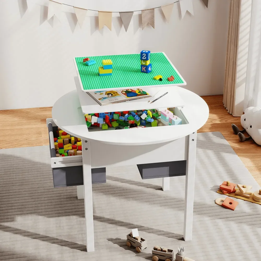

Kids' Tables And Chairs Escritorio Para NiñosTable With Storage, Wooden Kids Play Table With 2 Canvas Drawers, Round Toddler Act