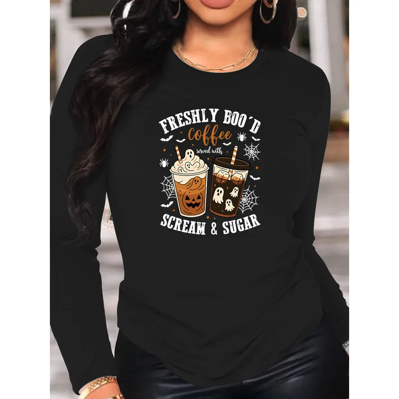 Women's Long Sleeve T-Shirt Freshly Boo'd Coffee Scream & Sugar Halloween Ghost Pumpkin Graphic Crew Neck Slim Fit Fall Tops