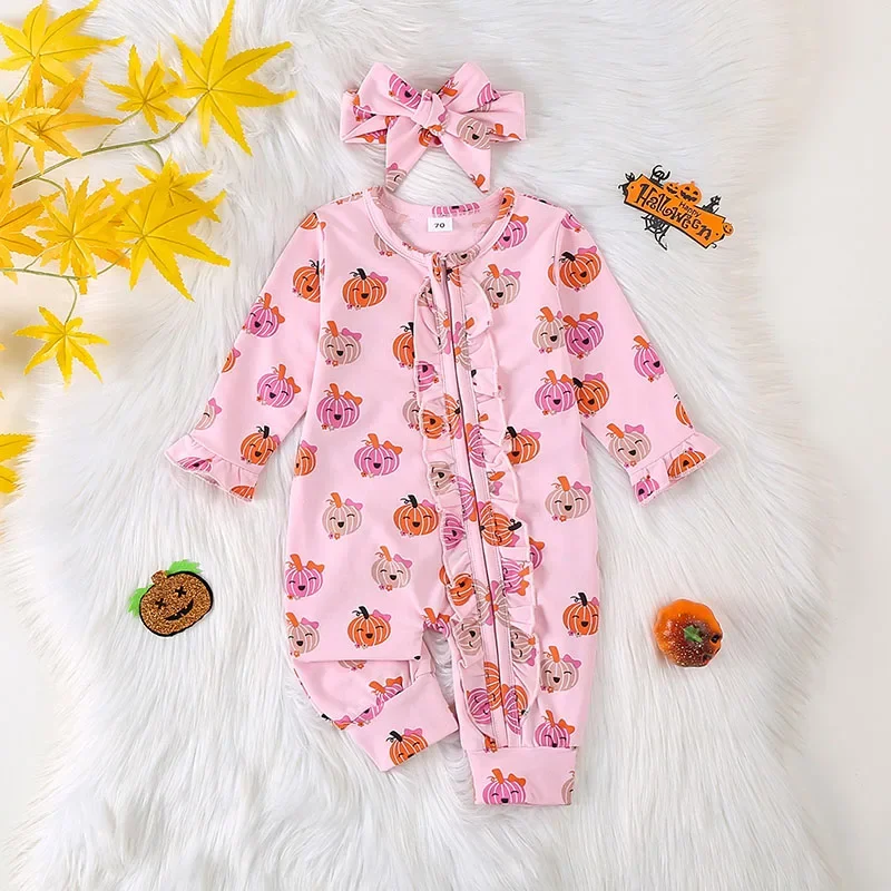 Baby Girls Halloween Romper Pumpkin Print Ruffles Zipper Long Sleeve Jumpsuits Headband Newborn Clothes 0-12M