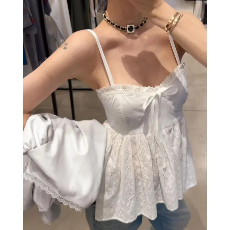 

Shpmishal Korean Fashion Instagram Heavy Industry Tank Top Women's Summer New Bow Tie Lotus Leaf Swing Camis Female Clothing