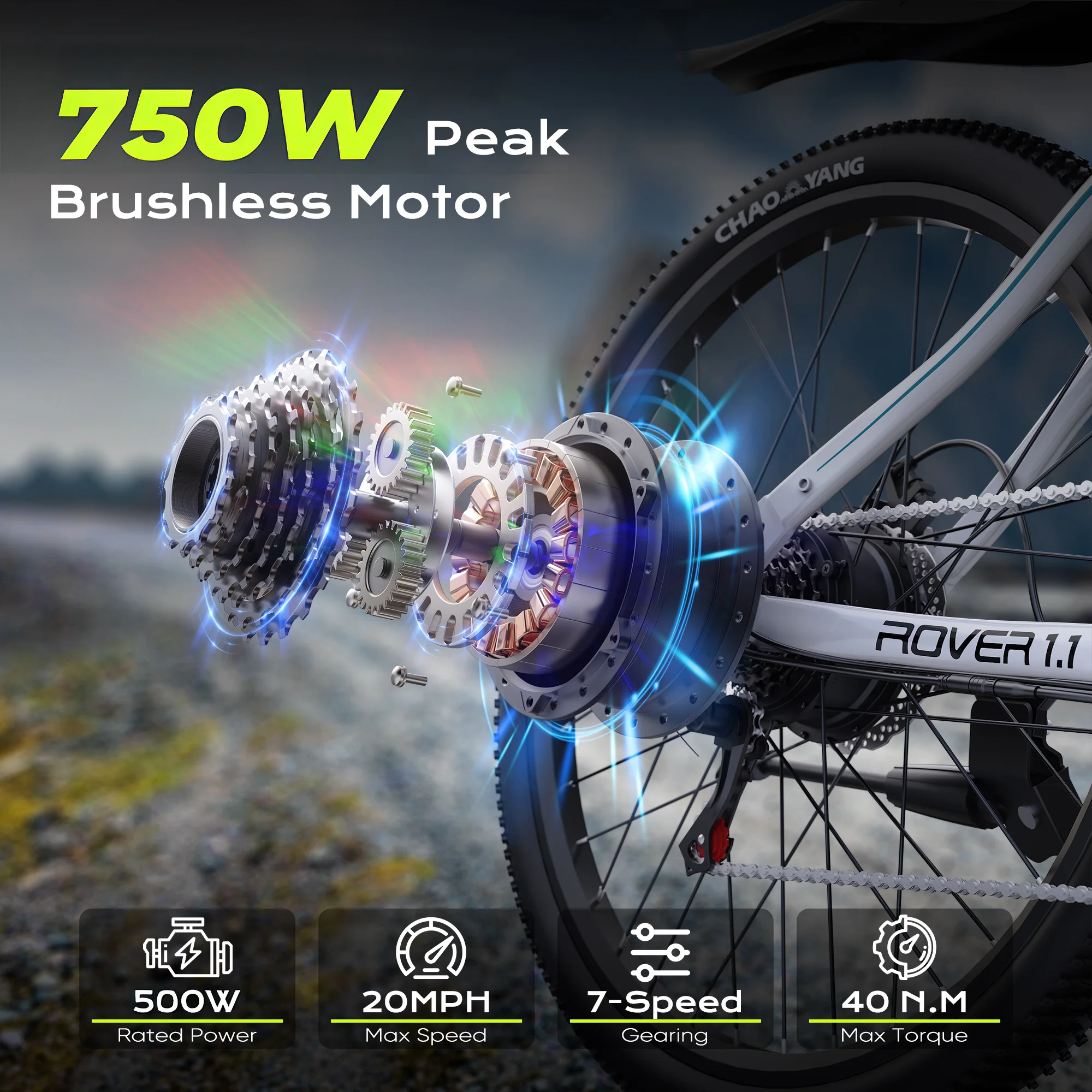 VIPDRIVE Rover 1.1 Adult Electric Bike, 750W Peak Power, 48V 7.8Ah, 24" MTB E-bike, 20MPH Mountain Ebike, 1-Year Warranty view 3