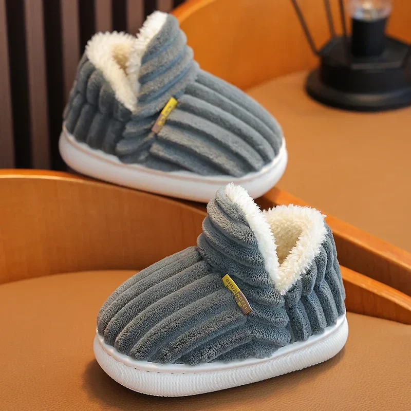 New Winter Concise Stripe Plush Slippers Children\'s Non-slip Soft Sole Kids Boys Girls Heel Wrap Warm High Home Cotton Shoes