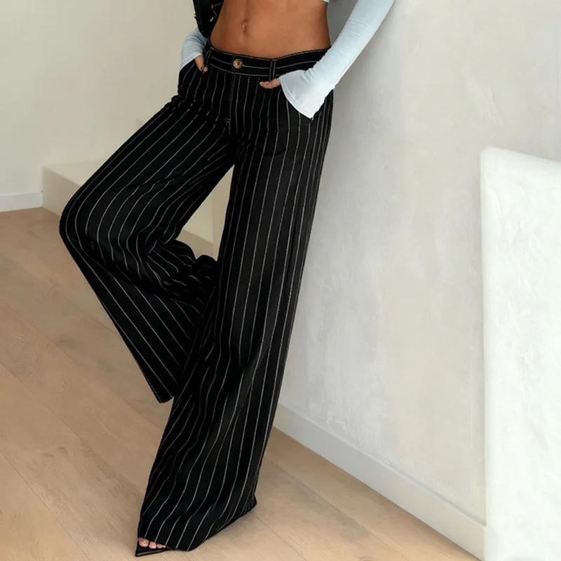 Y2K Striped Woven Pants Women European American Commuting Style Wide Leg Slim Fit Straight Leg Loose