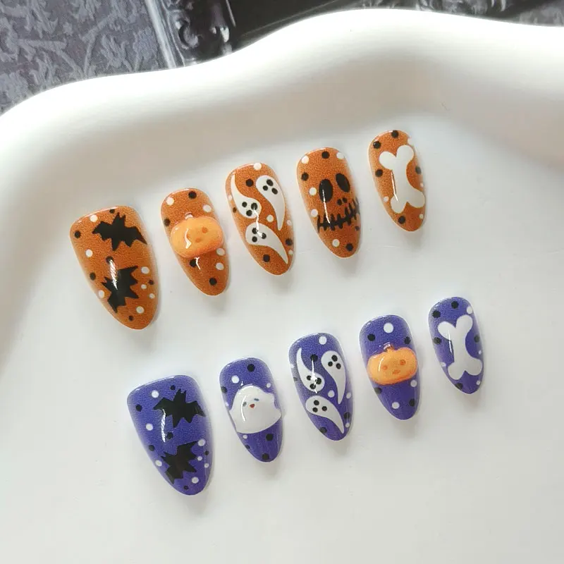 10Pcs Cartoon Pumpkin Cute Ghost Halloween Nail Stickers Gilded Manicure Decals Press on Nails Nail Art Fake Nail Reusable - view 6