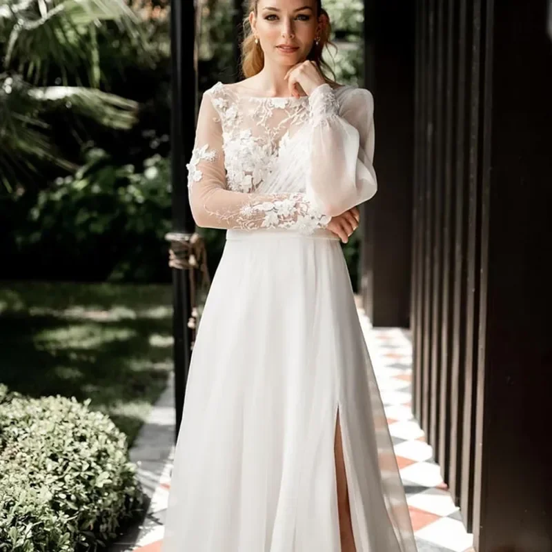 Elegant White A-Line Chiffon Decal Women's Wedding Dress Sexy Backless Split Beach Dance Bridal Gown Vestidos De NoviaCustomized