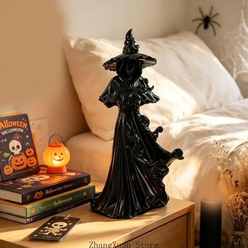 Hexenstatue aus Harz für Halloween-Dekorationen, Skulpturfigur mit verbreiterter Basis für Tischregal, Kaminsims und Fensterbank – Detail 5