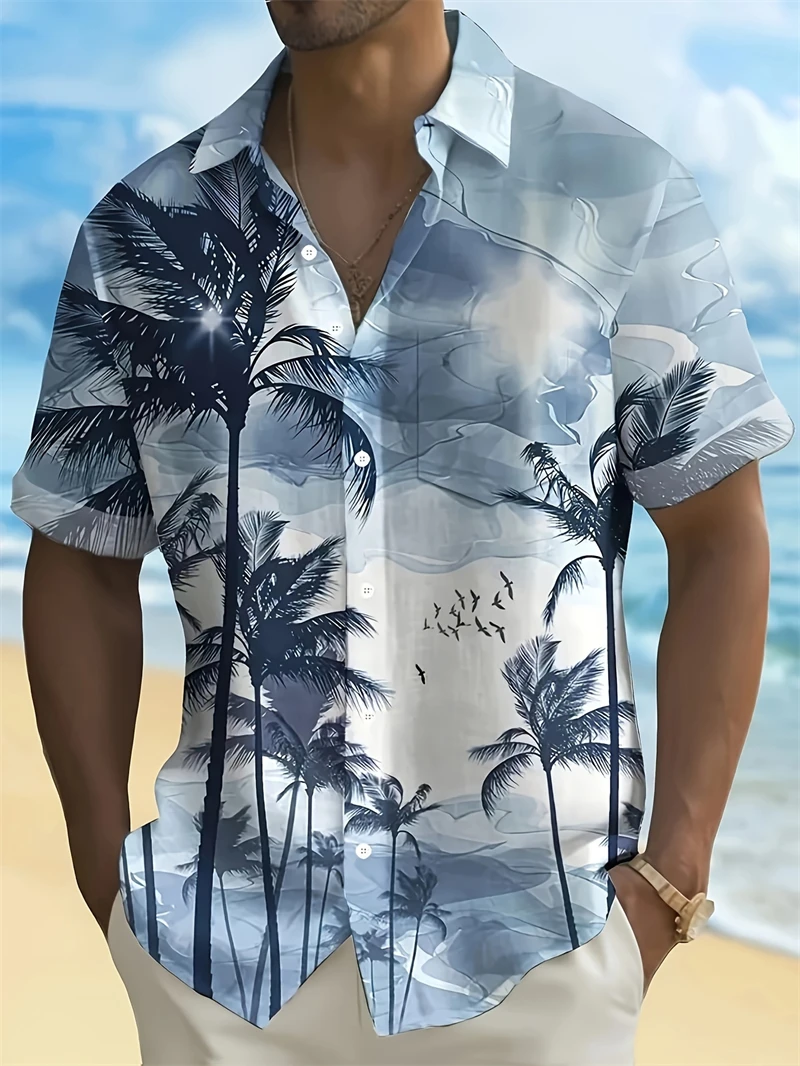 Purple Gradient Hawaiian Man Shirt With Tropical Palm Tree And Bird Print For Casual Wear Casual Fashion High Quality Shirts