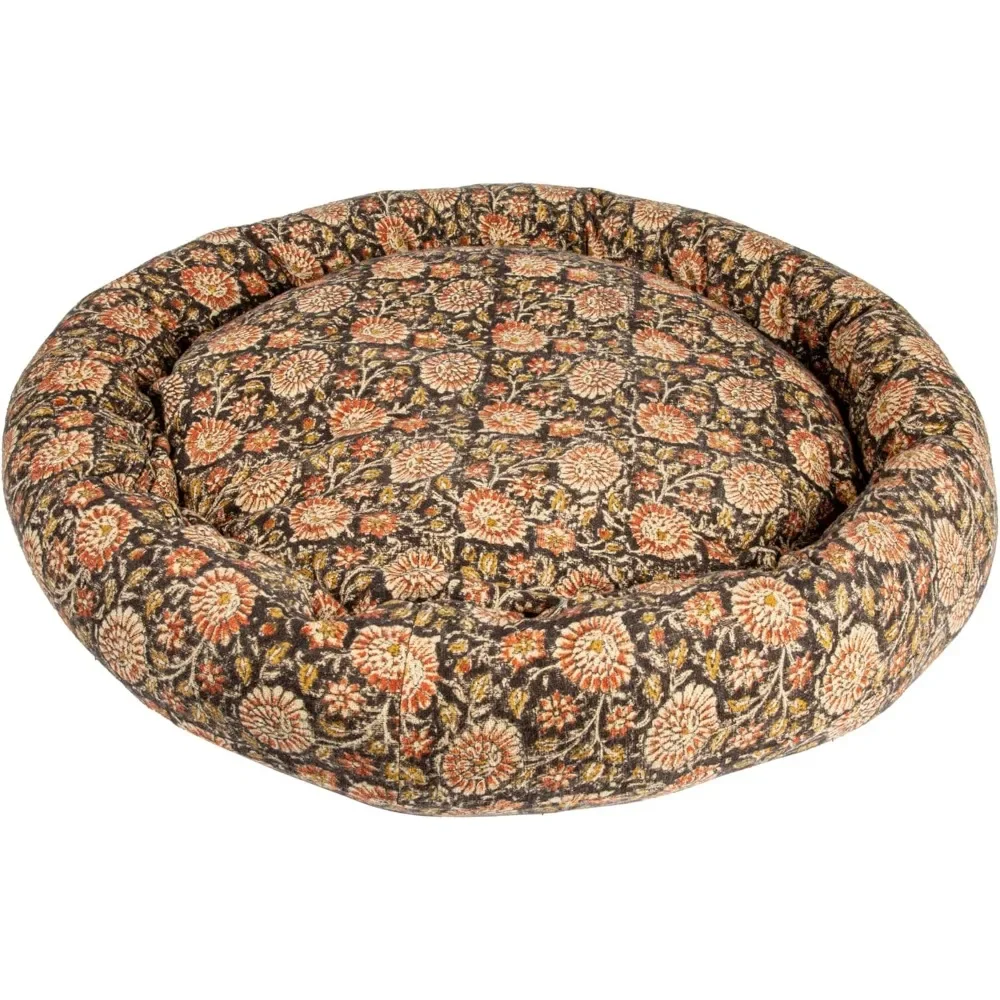 Cotton Slub Pet Floral Pattern, Multicolor Dog Bed, Black|