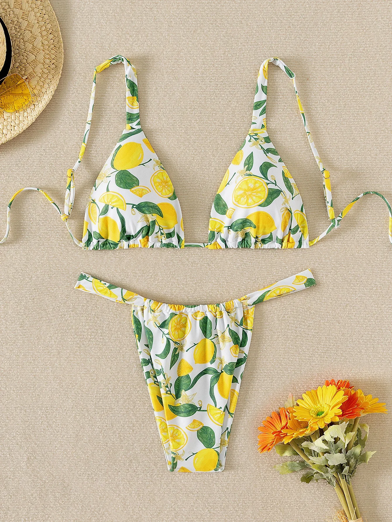 

2025 New Women's Bikini Set Yellow Lemon Beach Style Print 2-piece Swimsuit Low Waist Thong Sexy Suspender Backless Swimwear