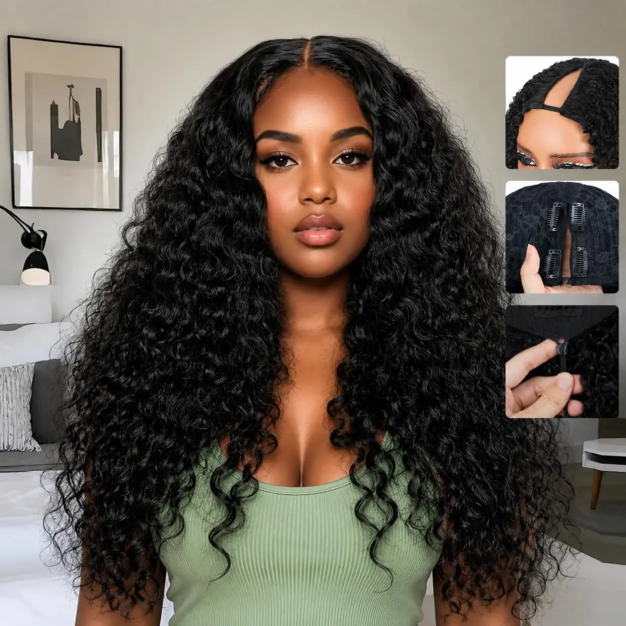 V Part Water Curly Wig for Black Women 100% Human Hair Glueless Clip-In Half Wig V Shape Stylish Upgrade for Quick Hair