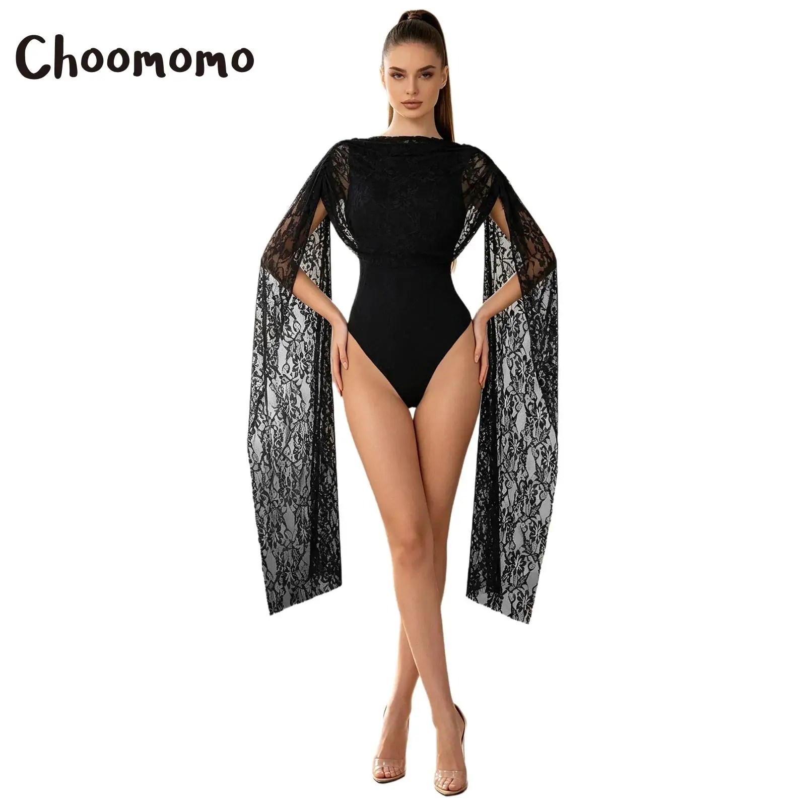 Women Floral Lace Leotard Bodysuit Cape Sleeve Front Overlay Backless Buttoned Crotch Jumpsuit Elegant Lace Rompers Party Dinner